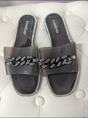 bebe Black Crystal-Trim Clear Chain Slide Sandals